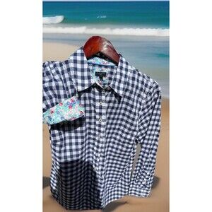 Talbots Petite Blue White Check Flip Cuff Long Sleeve Shirt Cotton Ladies Lp